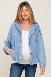 Blue Corduroy Button Up Hooded Maternity Jacket