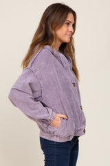 Lavender Corduroy Button Up Hooded Jacket