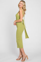 Green Rib Knit Cross Front Back Tie Midi Dress