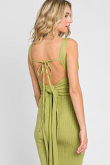 Green Rib Knit Cross Front Back Tie Midi Dress