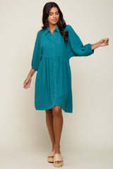 Teal Button Down Collared Maternity Dress