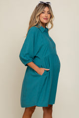 Teal Button Down Collared Maternity Dress