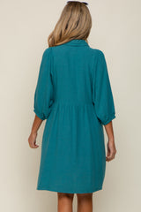 Teal Button Down Collared Maternity Dress