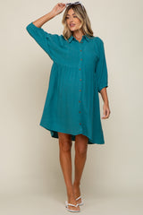 Teal Button Down Collared Maternity Dress