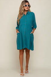 Teal Button Down Collared Maternity Dress