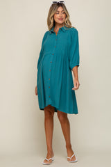 Teal Button Down Collared Maternity Dress