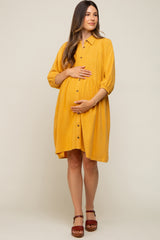 Mustard Button Down Collared Maternity Dress