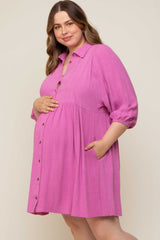 Pink Button Down Collared Plus Maternity Dress