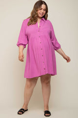 Pink Button Down Collared Plus Maternity Dress