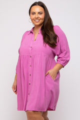 Pink Button Down Collared Plus Dress