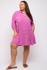 Pink Button Down Collared Plus Maternity Dress