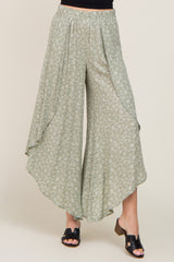 Light Olive Floral Tulip Wrap Hem Pants