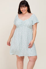 Mint Green Floral Ribbed Flutter Sleeve Maternity Plus Dress