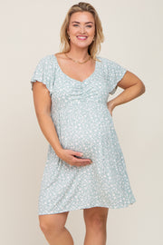 Mint Green Floral Ribbed Flutter Sleeve Maternity Plus Dress