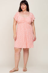 Coral Floral Ribbed Flutter Sleeve Plus Dress