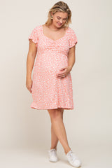 Coral Floral Ribbed Flutter Sleeve Maternity Plus Dress