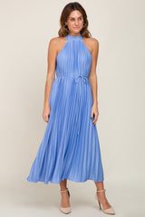 Light Blue Pleated Maternity Halter Dress