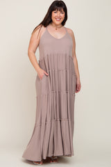 Taupe Tiered Sleeveless Plus Maxi Dress