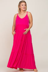 Fuchsia Tiered Sleeveless Maternity Plus Maxi Dress