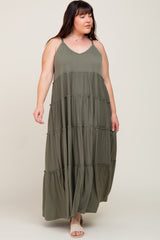 Olive Tiered Sleeveless Plus Maxi Dress