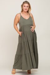 Olive Tiered Sleeveless Maternity Plus Maxi Dress