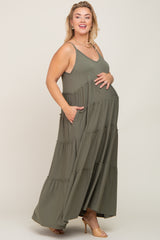 Olive Tiered Sleeveless Maternity Plus Maxi Dress