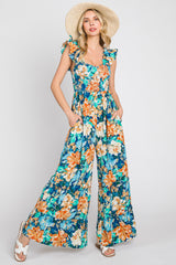 Navy Floral Smocked Ruffle Accent Maternity Jumpsuit