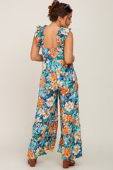 Navy Floral Smocked Ruffle Accent Maternity Jumpsuit