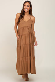 Camel Tiered Sleeveless Maternity Maxi Dress