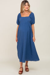 Blue Textured Gingham Square Neck Maternity Maxi Dress