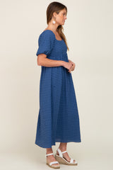 Blue Textured Gingham Square Neck Maxi Dress