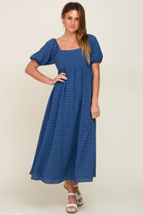 Blue Textured Gingham Square Neck Maxi Dress