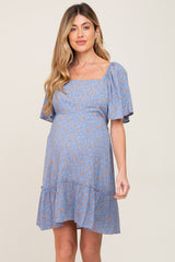 Blue Floral Square Neck Smocked Open Back Maternity Dress