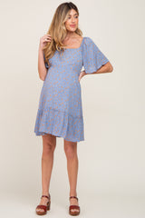 Blue Floral Square Neck Smocked Open Back Maternity Dress