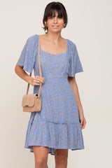 Blue Floral Square Neck Smocked Open Back Dress