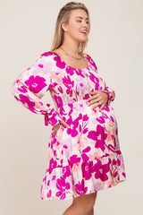 Purple Floral Satin Tiered Smocked Plus Maternity Dress