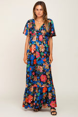 Black Floral Flounce Sleeve Maxi Dress