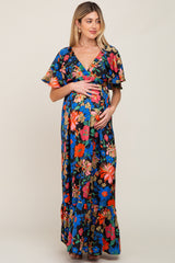 Black Floral Flounce Sleeve Maternity Maxi Dress