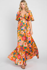 Orange Floral Flounce Sleeve Maxi Dress