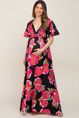 Black Floral Flounce Sleeve Maternity Maxi Dress