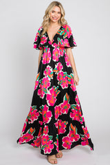 Black Floral Flounce Sleeve Maxi Dress