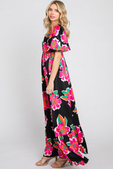 Black Floral Flounce Sleeve Maxi Dress