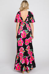 Black Floral Flounce Sleeve Maxi Dress