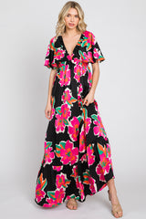 Black Floral Flounce Sleeve Maxi Dress