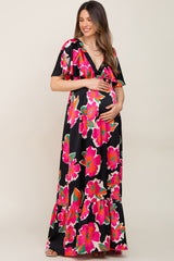 Black Floral Flounce Sleeve Maternity Maxi Dress