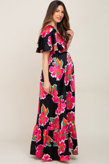 Black Floral Flounce Sleeve Maternity Maxi Dress