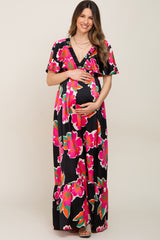 Black Floral Flounce Sleeve Maternity Maxi Dress