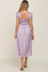 Lavender Satin Floral Square Neck Ruffle Strap Maternity Midi Dress