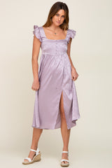 Lavender Satin Floral Square Neck Ruffle Strap Midi Dress