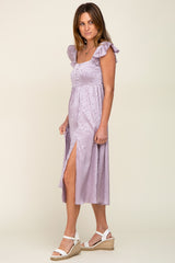 Lavender Satin Floral Square Neck Ruffle Strap Midi Dress